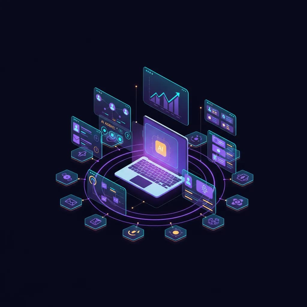 Multiply Revenue all-in-one platform showing 16 integrated tools including CRM, phone system, AI agents, email marketing, invoicing and analytics connected through a central AI core