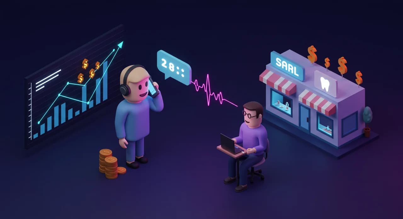 AI sales agent calling a small business prospect with rising revenue chart